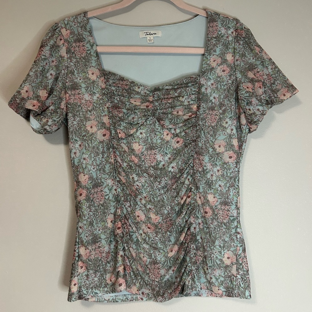 Takara Green and Pink Fitted Ruched Blouse, Size L